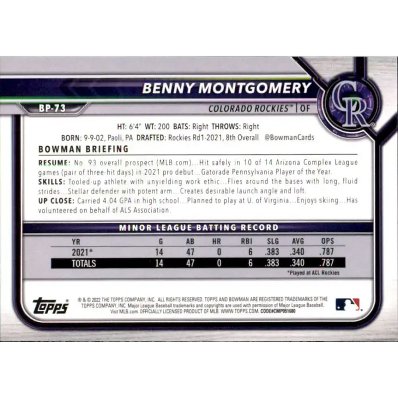 2022 Bowman Prospects #BP-73 Benny Montgomery NM-MT Colorado Rockies Baseball Card - Baseball Card Single