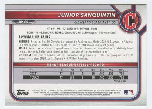 2022 Bowman Prospects #BP-80 Junior Sanquintin NM-MT Guardians 1st Bowm ID:41990 - Baseball Card Single
