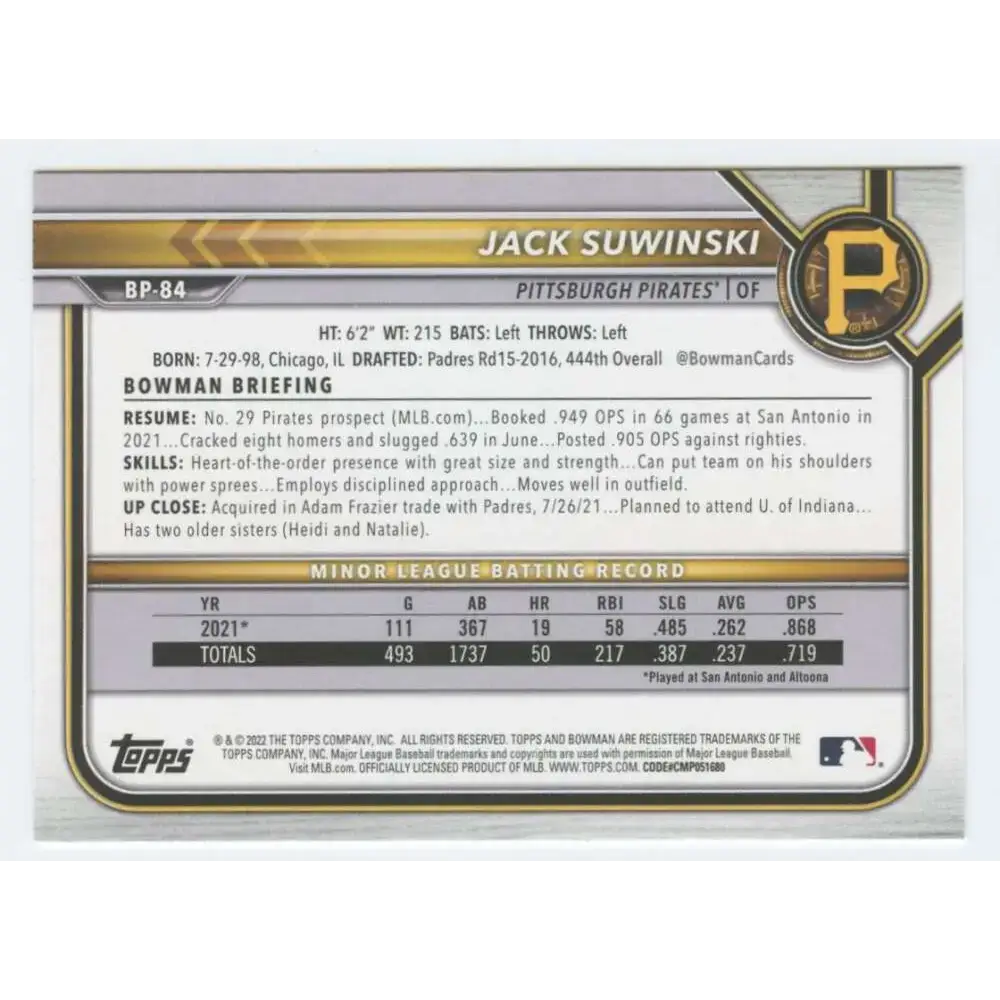 2022 Bowman Prospects #BP-84 Jack Suwinski NM-MT Pittsburgh Pirates Baseball Card - Baseball Card Single