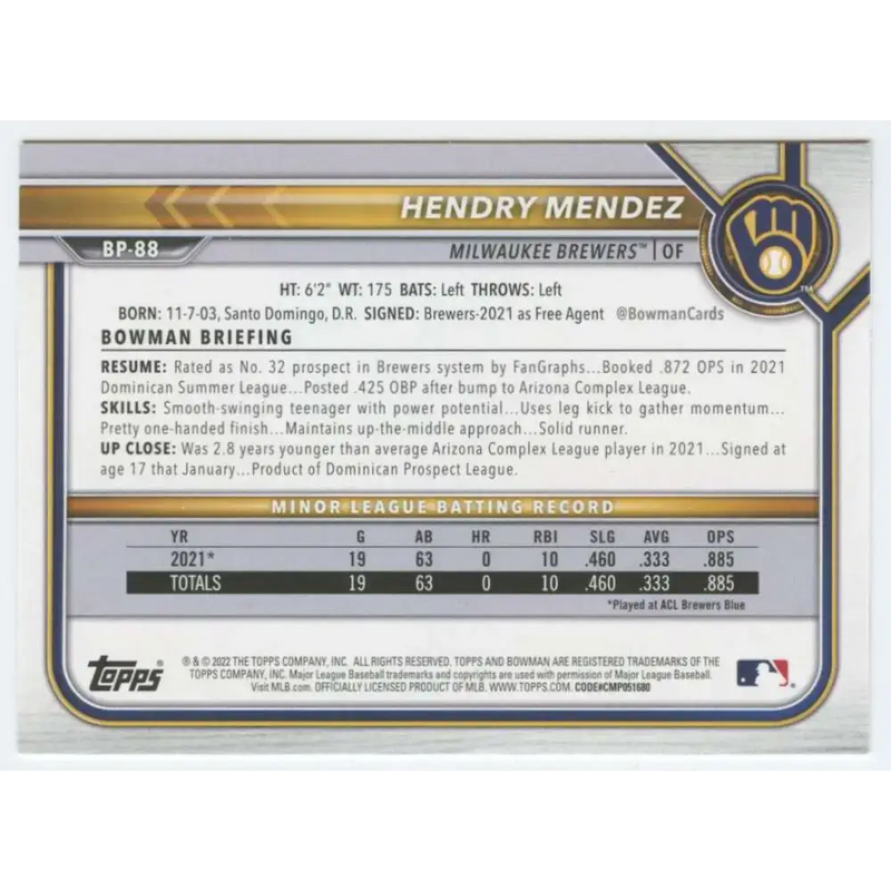 2022 Bowman Prospects #BP-88 Hendry Mendez NM-MT Milwaukee Brewers Baseball Card - Baseball Card Single