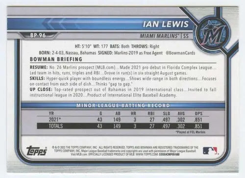 2022 Bowman Prospects #BP-96 Ian Lewis NM-MT Marlins 1st Bowman ID:41993 - Baseball Card Single