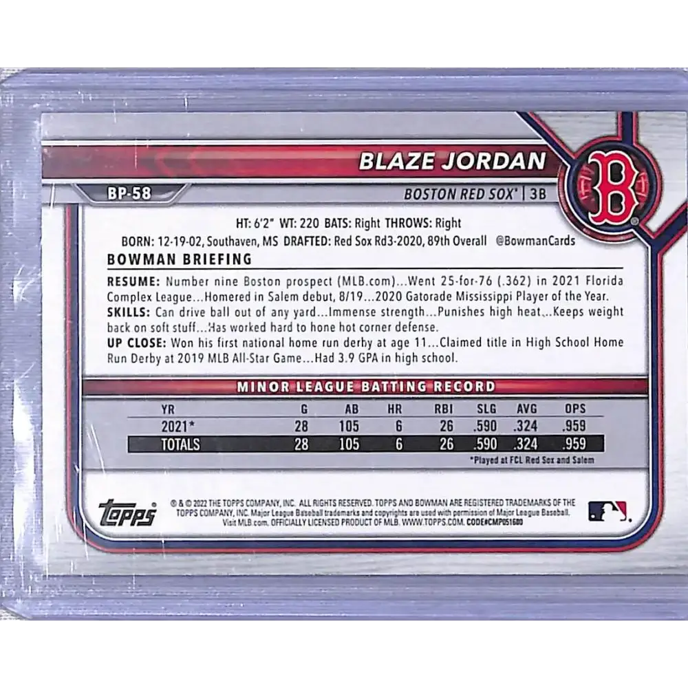 2022 Bowman Prospects Pink #BP-58 Blaze Jordan NM-MT 144/299 Boston Red Sox - Baseball Card Single