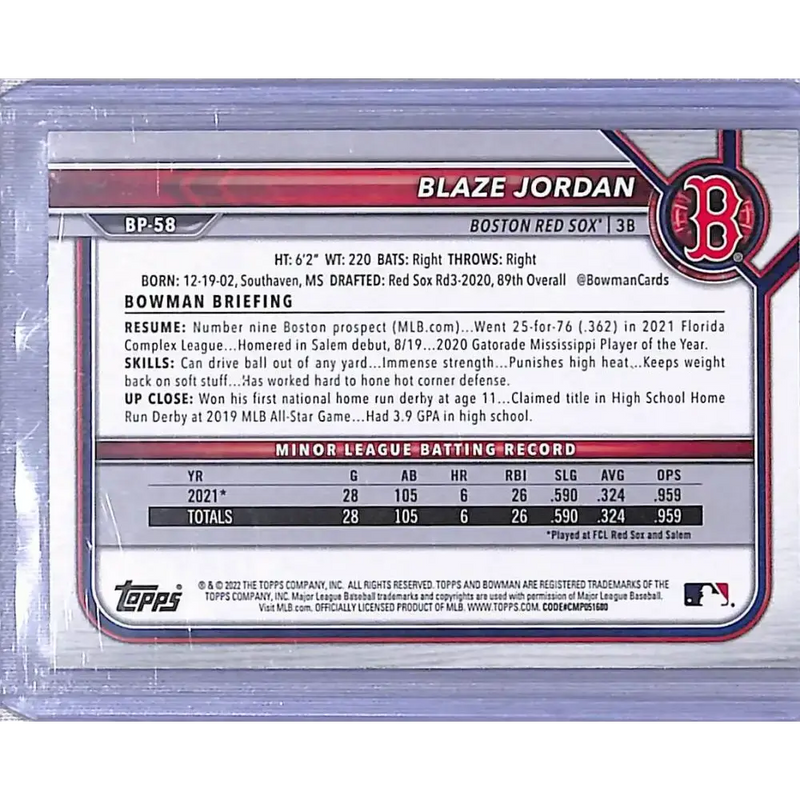 2022 Bowman Prospects Pink #BP-58 Blaze Jordan NM-MT 144/299 Boston Red Sox - Baseball Card Single