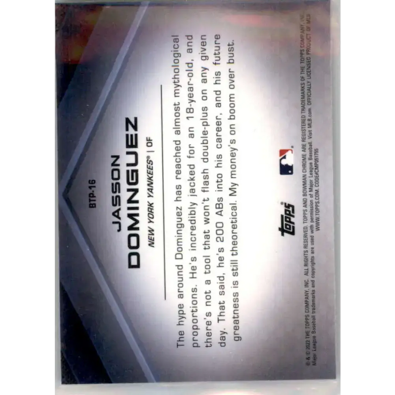 2022 Bowman Scouts’ Top 100 Refractor #BTP-16 Jasson Dominguez NM-MT New York Yankees Baseball Card - Baseball Card
