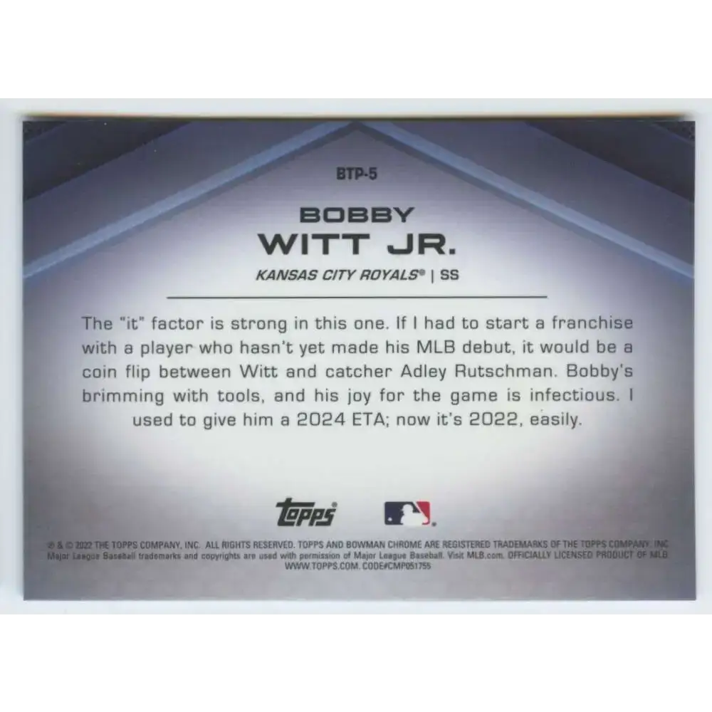 2022 Bowman Scouts’ Top 100 Refractor #BTP-5 Bobby Witt Jr. NM-MT Kansas City Royals Baseball Card - Baseball Card