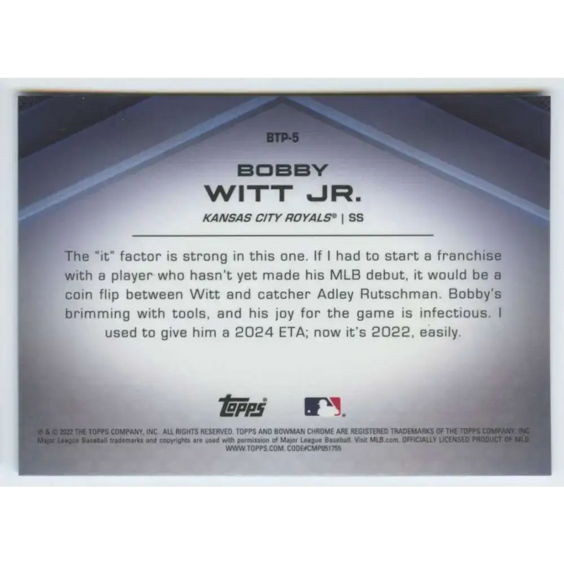2022 Bowman Scouts’ Top 100 Refractor #BTP-5 Bobby Witt Jr. NM-MT Kansas City Royals Baseball Card - Baseball Card