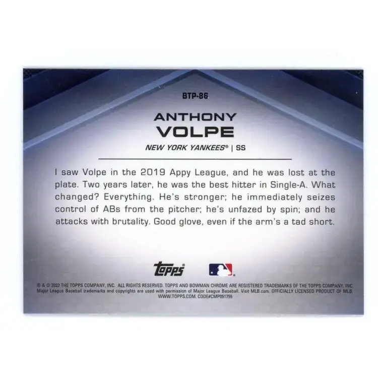 2022 Bowman Scouts’ Top 100 Refractor #BTP-86 Anthony Volpe NM-MT New York Yankees Baseball Card - Baseball Card Single