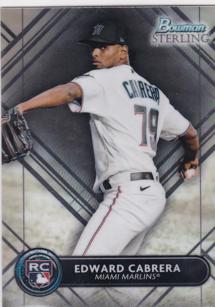 Baseball card of Edward Cabrera RC Miami in mid-throw from 2022 Bowman Sterling