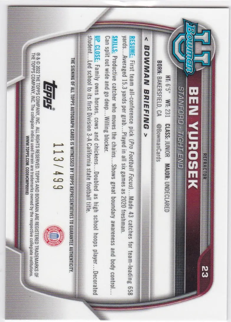2022 Bowman University 1st Chrome Auto #23 Ben Yurosek 113/499 Refractor - Baseball Card Single