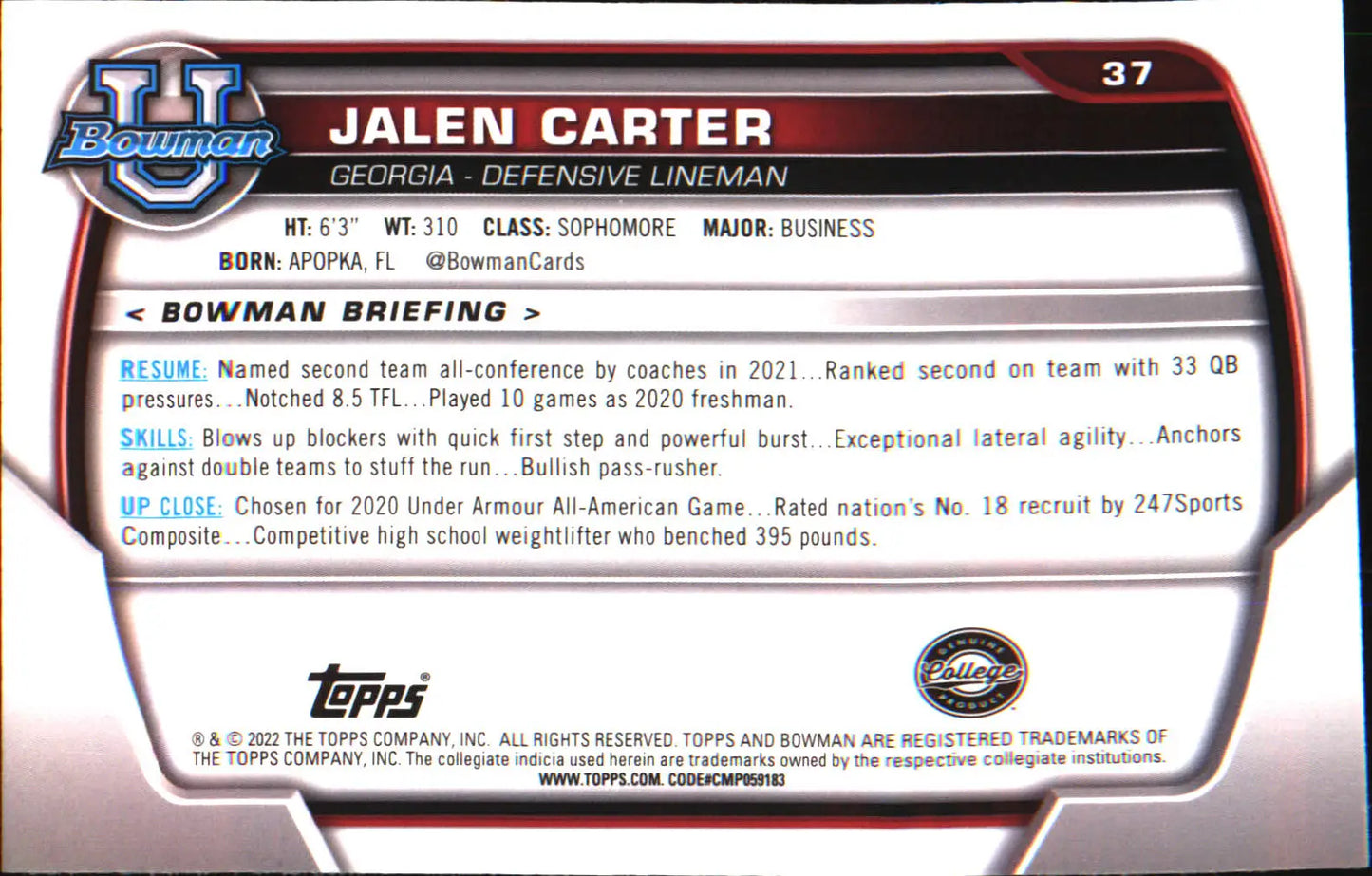 2022 Bowman University Chrome #37 Jalen Carter