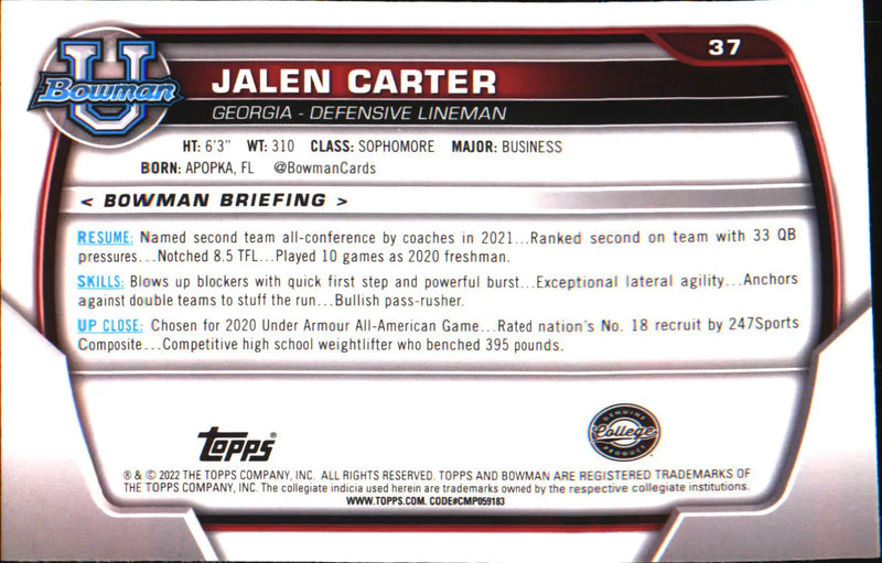 2022 Bowman University Chrome #37 Jalen Carter