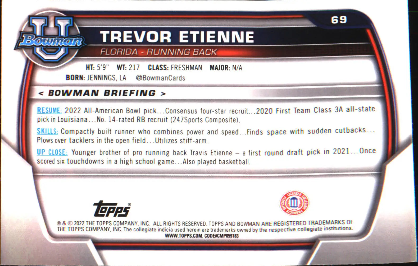 2022 Bowman University Chrome #69 Trevor Etienne