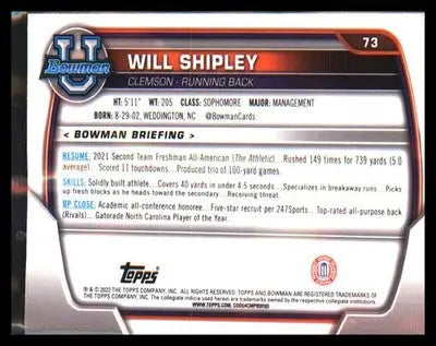 2022 Bowman University Chrome #73 Will Shipley - Football Card Single
