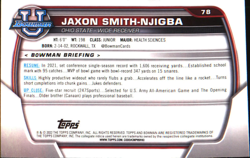 2022 Bowman University Chrome #78 Jaxon Smith-Njigba
