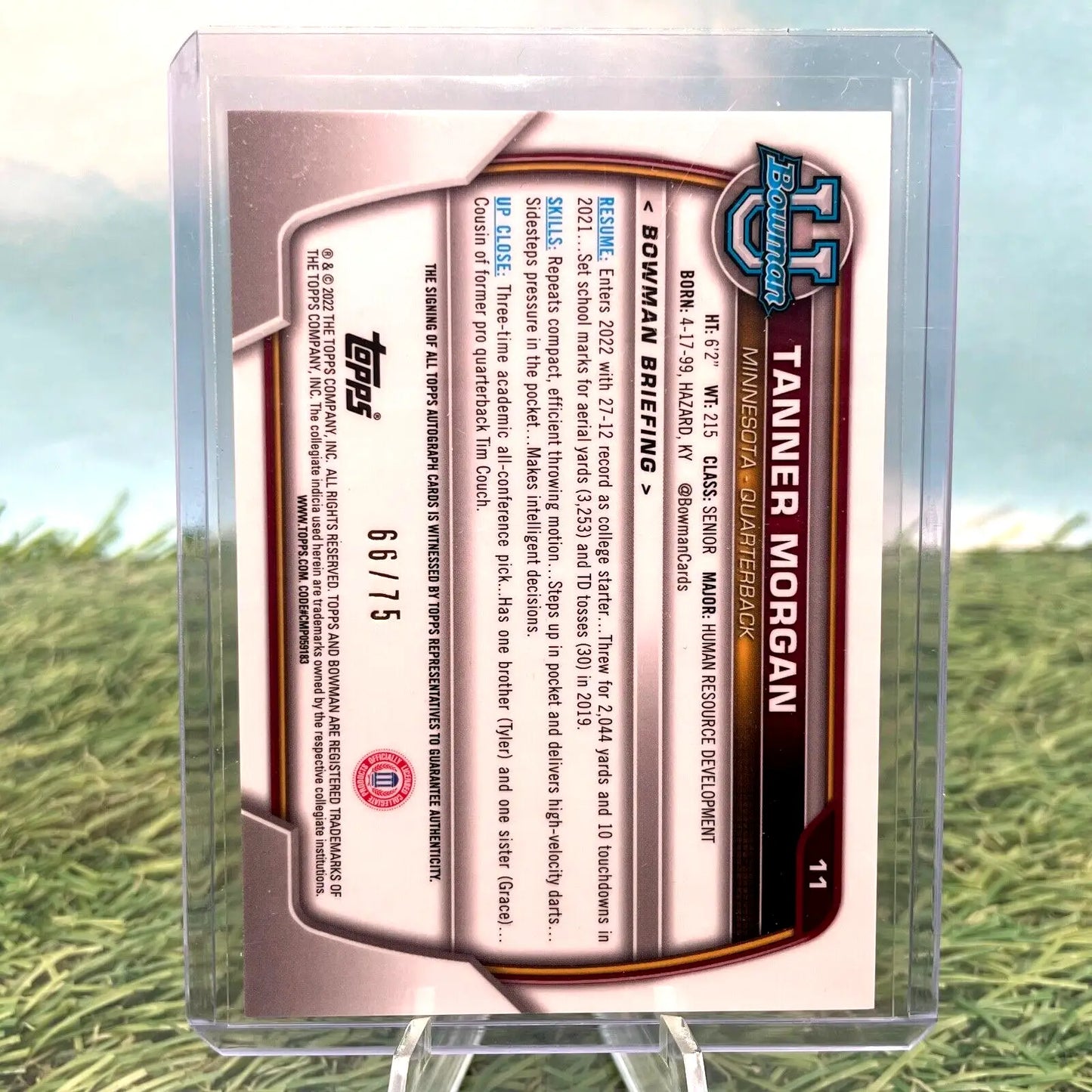 Tanner Morgan football card from 2022 Bowman University Chrome Yellow Refractor parallel