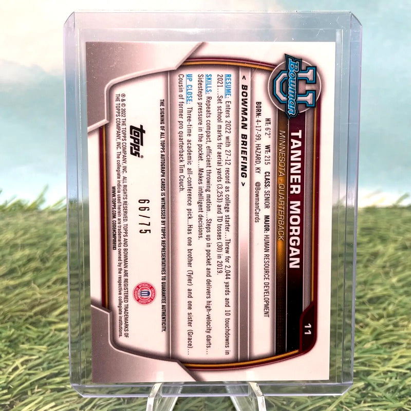 Tanner Morgan football card from 2022 Bowman University Chrome Yellow Refractor parallel