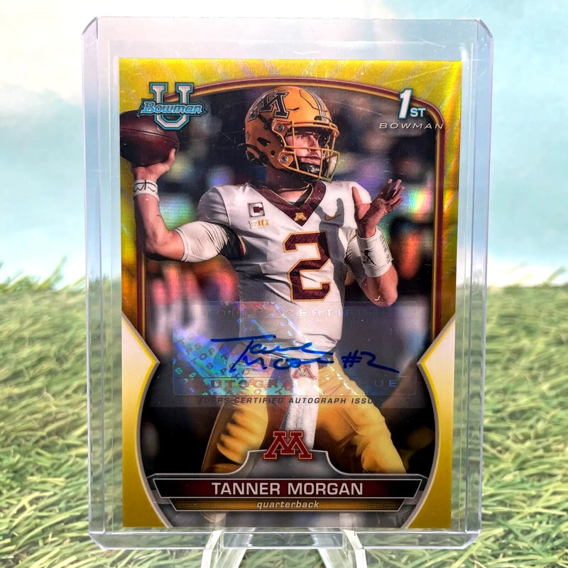 Tanner Morgan autographed football card from 2022 Bowman University Chrome Yellow Refractor Parallel