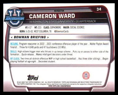2022 Bowman University Chrome Refractor #34 Cameron Ward - Football Card Single
