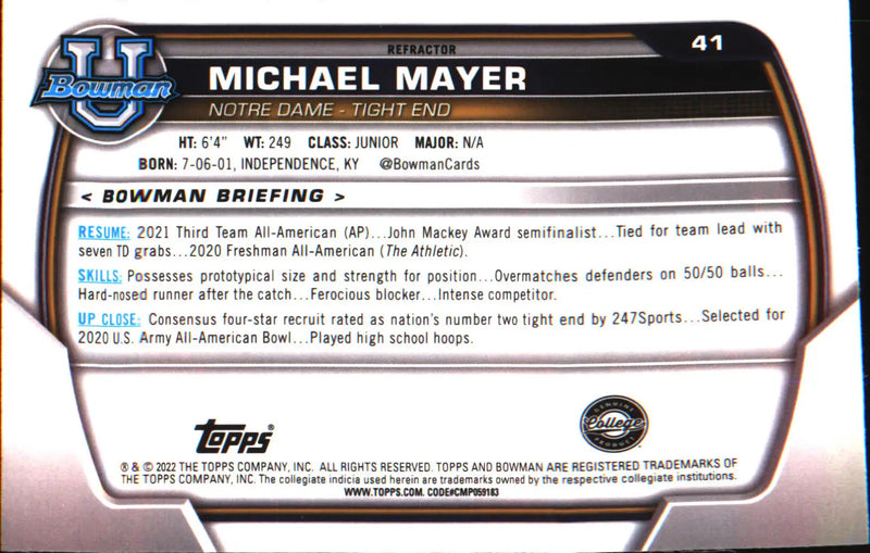 2022 Bowman University Chrome Refractor #41 Michael Mayer