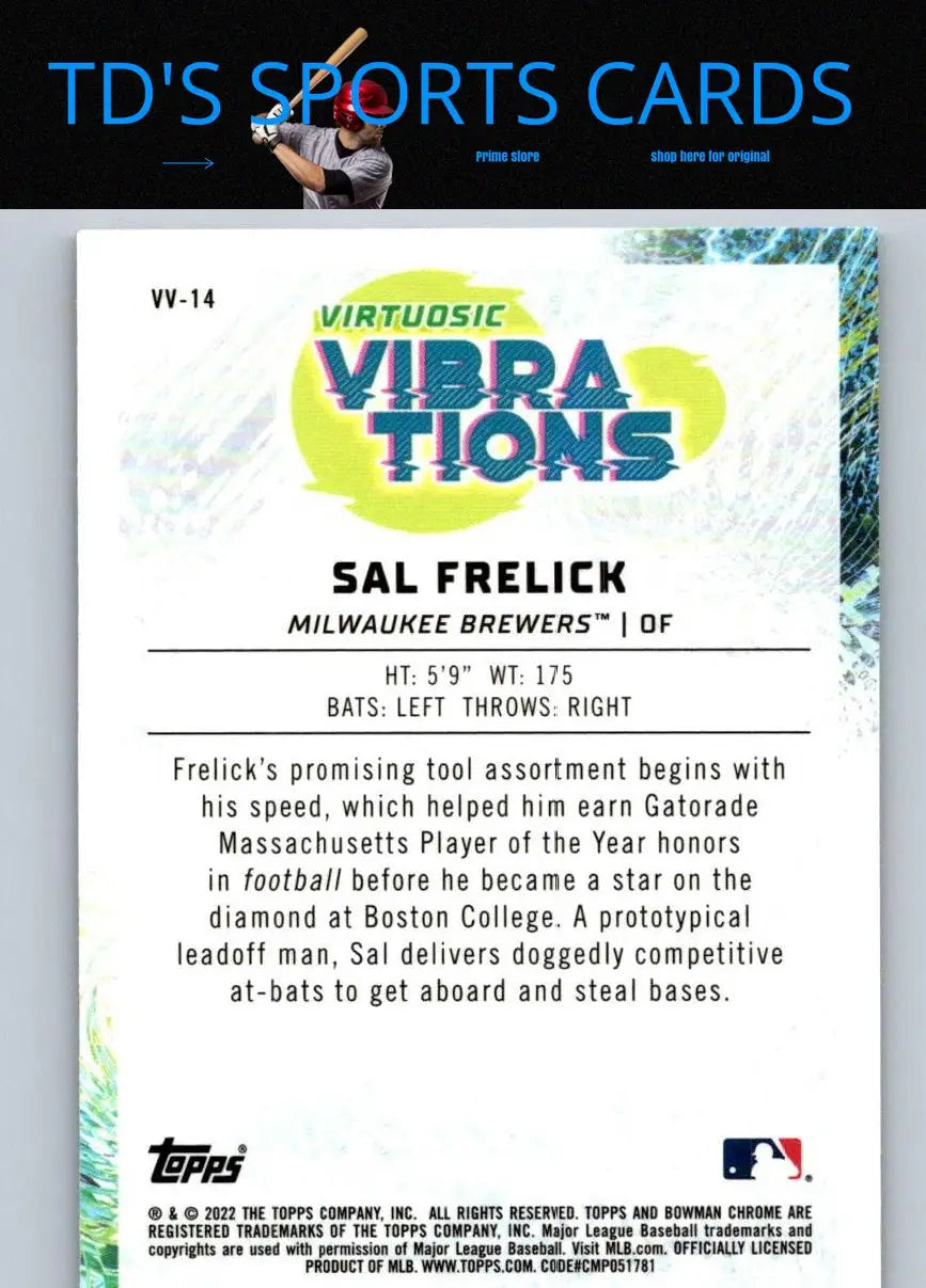 Sal Frelick baseball card from 2022 Bowman Virtuosic Vibrations series featuring Sal Frelick Virtuosic vibrations