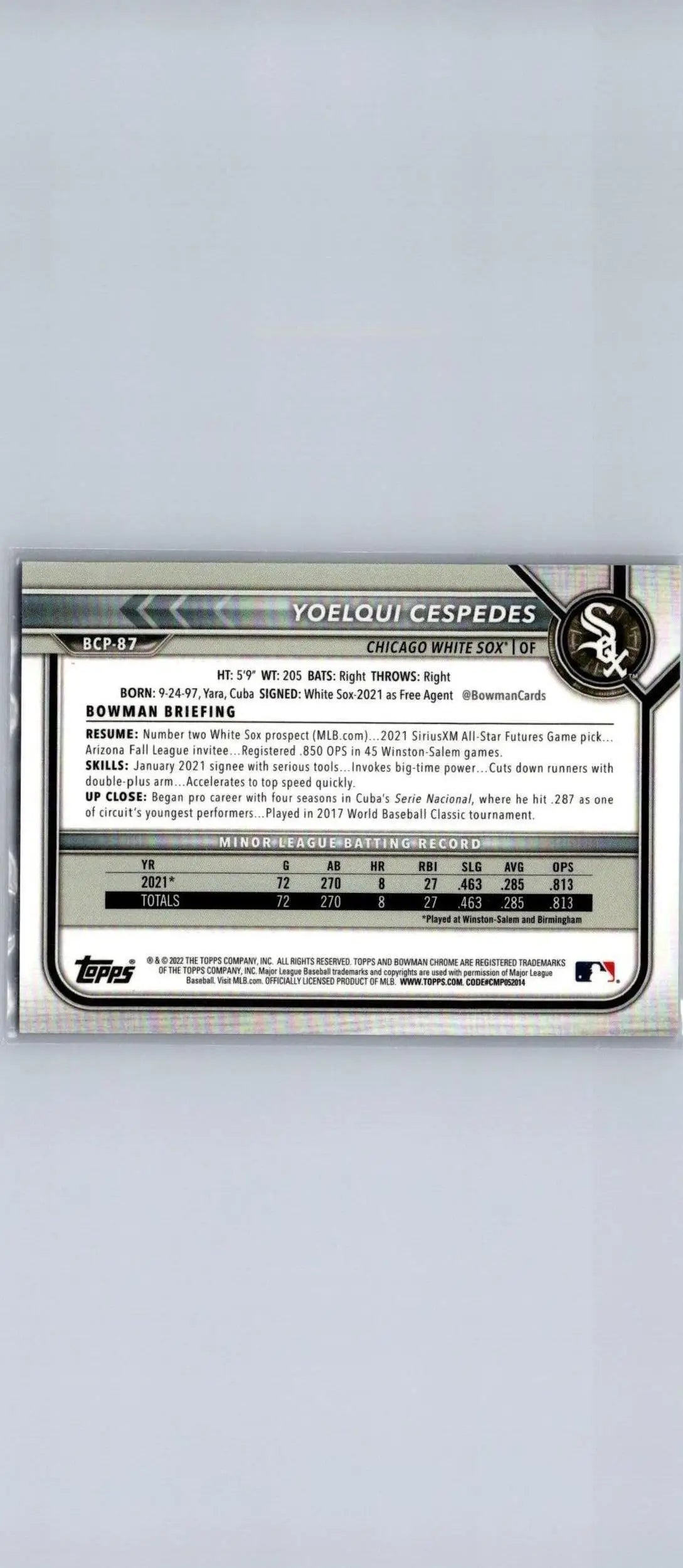 Back of 2022 Bowman Yoelqui Cespedes Chrome Prospects Mojo Purple Refractors card