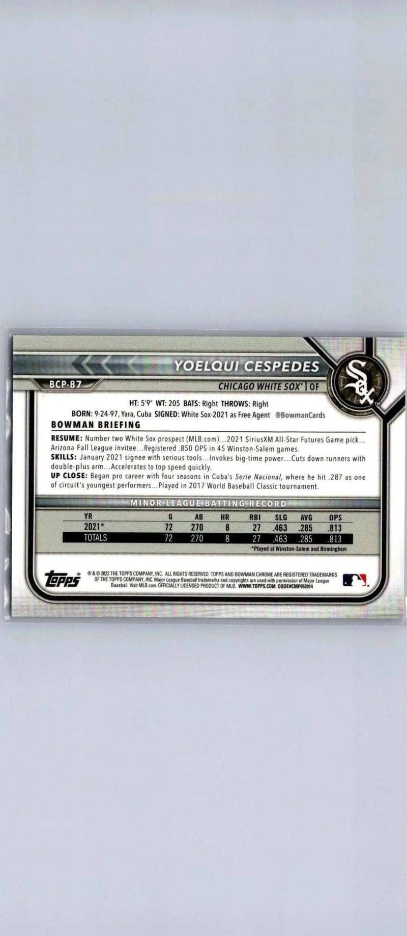 Back of 2022 Bowman Yoelqui Cespedes Chrome Prospects Mojo Purple Refractors card