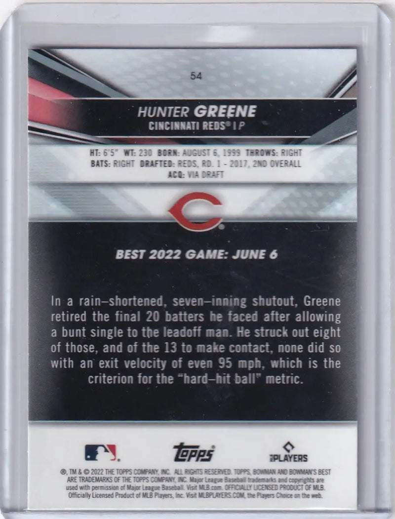 2022 Bowmans Best #54 Hunter Greene - Cincinnati Reds - Baseball Card Single