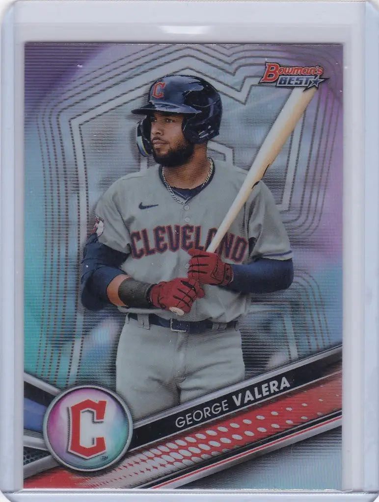Baseball trading card of George Valera Refractor in gray uniform for Cleveland Guardians