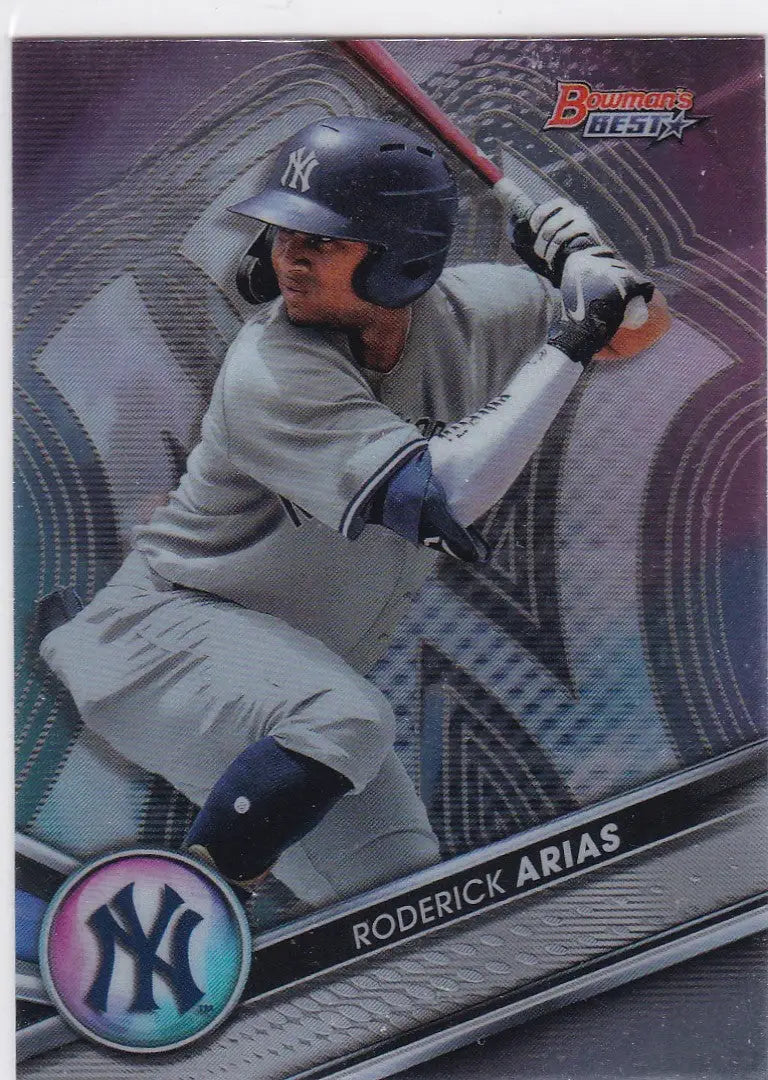 Baseball card of Roderick Arias in a New York Yankees batting stance