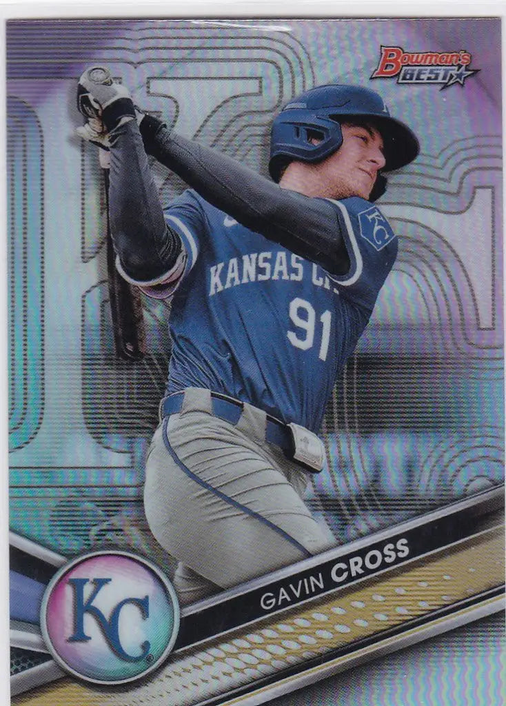 Baseball player in Kansas City Royals uniform number 91 pitching in 2022 Bowmans Best Prospects Base Refractor