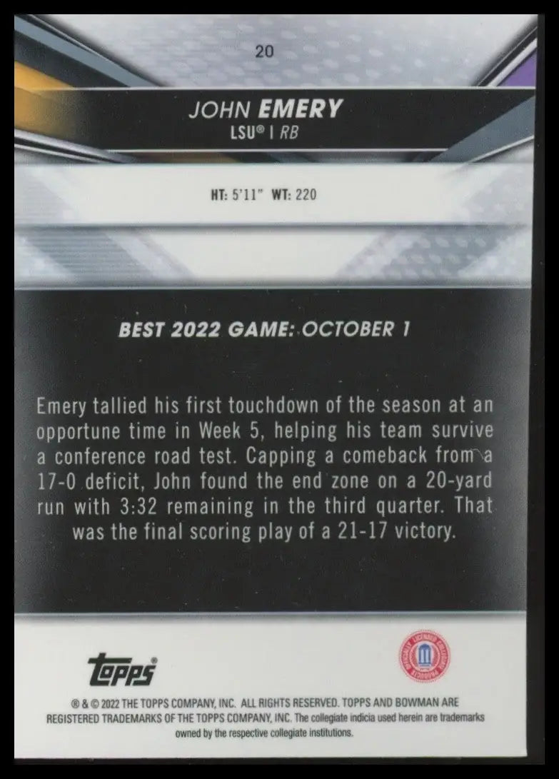 2022 Bowmans Best University John Emery #20 LSU Tigers Football Card NCAA Sports - Football Card Single