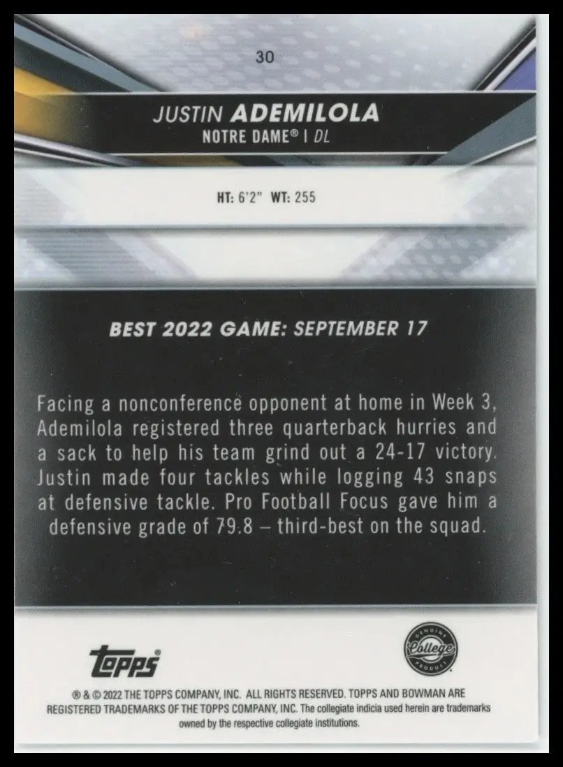 2022 Bowmans Best University Justin Ademilola #30 Notre Dame Fighting Irish Card - Football Card Single