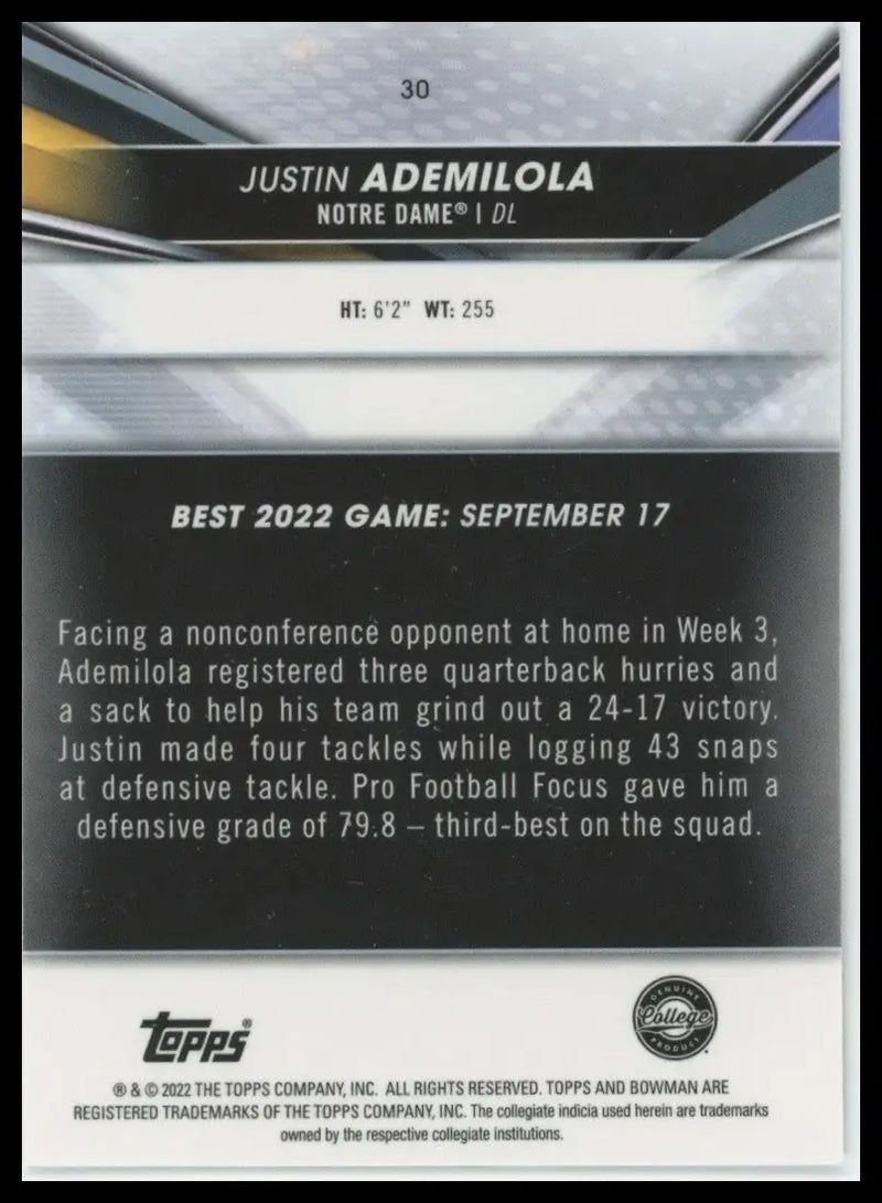 2022 Bowmans Best University Justin Ademilola #30 Notre Dame Fighting Irish Card - Football Card Single