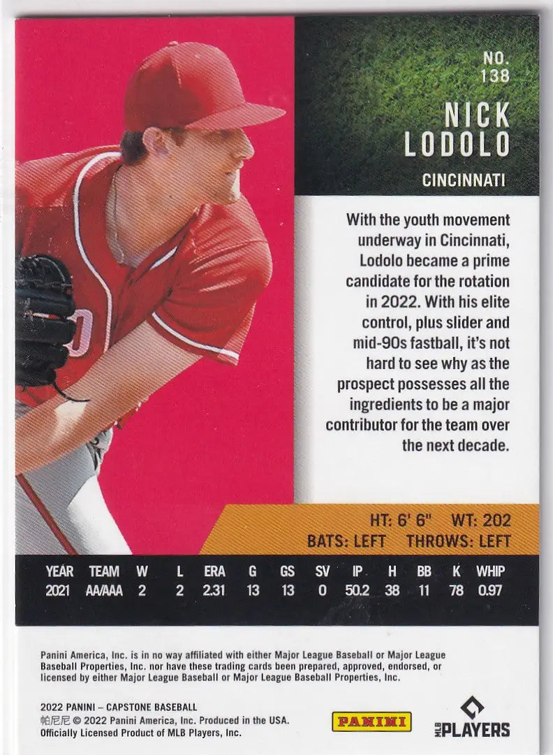 2022 CAPSTONE #138 NICK LODOLO- CINCINNATI REDS - Baseball Card Single