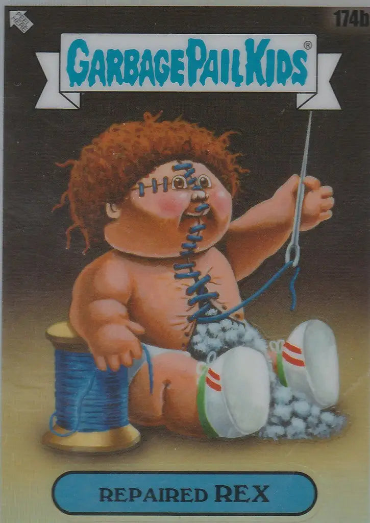 Chrome Garbage Pail Kids card of Repaired Rex, a grotesque doll with stitches