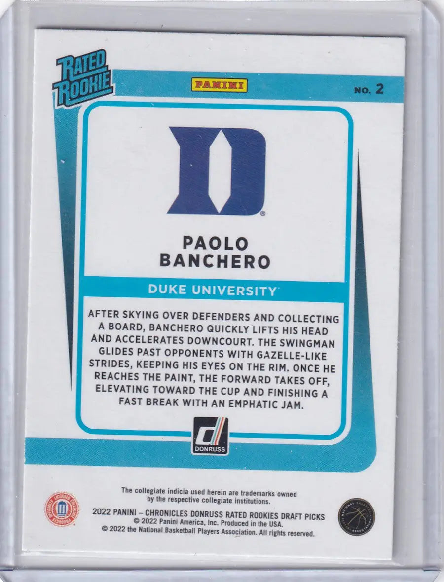 2022 CHRONICALS DONRUSS #2 PAOLO BANCHERO RATED ROOKIE- DUKE BLUE DEVILS - Basketball Card Single