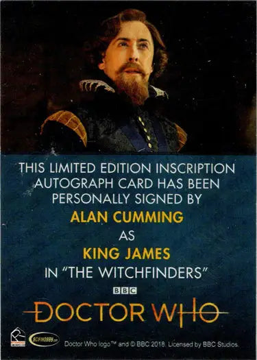 Alan Cumming autograph inscription card from 2022 Doctor Who Series 11 & 12 as King James