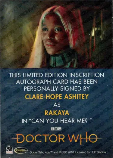 Doctor Who autograph inscription card featuring Clare-Hope Ashitey from Series 11 & 12