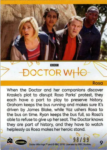 Doctor Who trading card featuring 2022 Gold Parallel Card 9 Rosa /99 collectible item