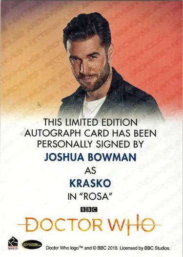 Joshua Bowman autograph card from 2022 Doctor Who Full Bleed Autograph Card series