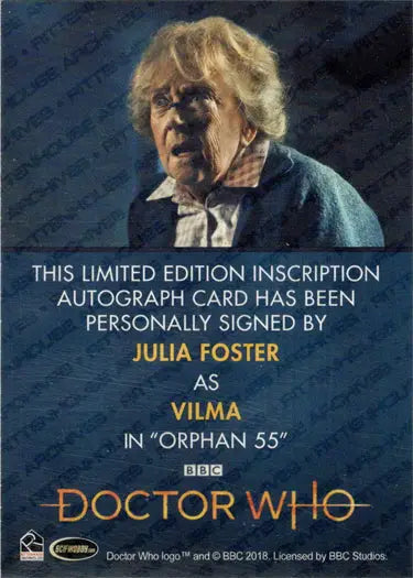 Julia Foster autograph on a 2022 Doctor Who Series 11 & 12 Inscription Card