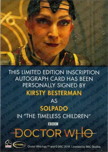 Signed Kirsty Besterman Autograph Inscription Card featured in Doctor Who collectibles