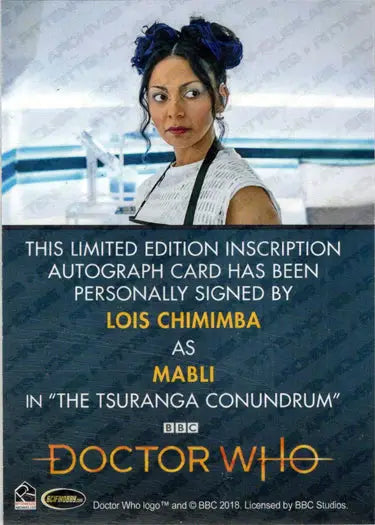 Lois Chimimba Autograph Inscription Card from 2022 Doctor Who Trading Cards Collection