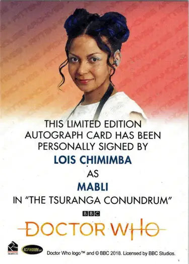 Lois Chimimba autograph card from 2022 Doctor Who Series 11 & 12 bleed autograph card