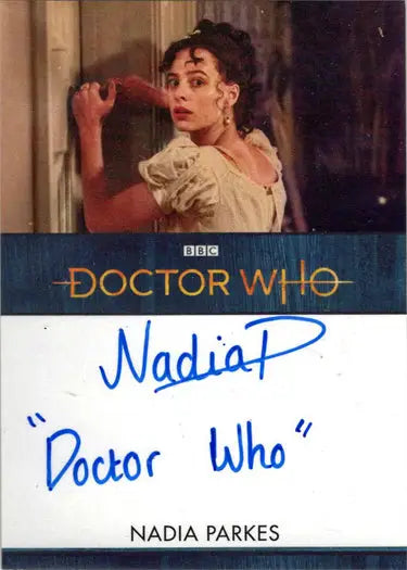 Signed Nadia Parkes autograph inscription card from 2022 Doctor Who Series 11 & 12