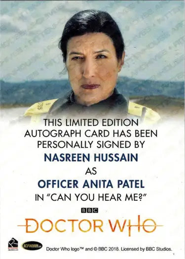 Nasreen Hussain autograph card from 2022 Doctor Who Series 11 & 12 Full Bleed Autograph Card