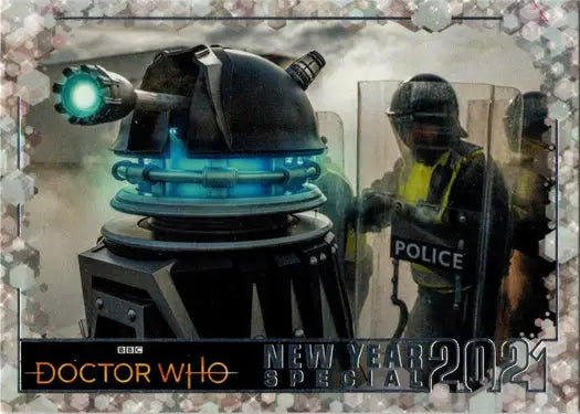 Dalek confronting riot police in 2022 Doctor Who Year Special Revolution Daleks trading card