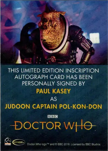 Paul Kasey autograph inscription card from 2022 Doctor Who Series 11 & 12