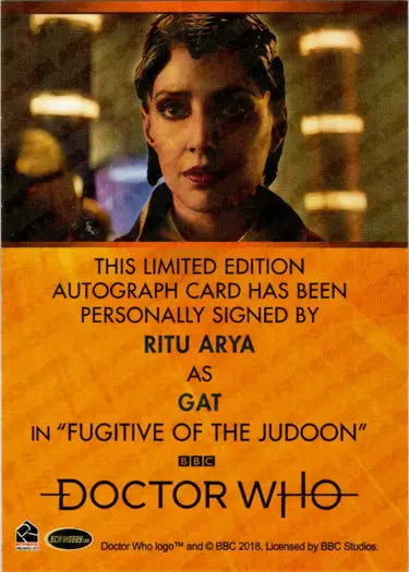 Signed Ritu Arya Bordered Autograph Card from 2022 Doctor Who Series 11 & 12