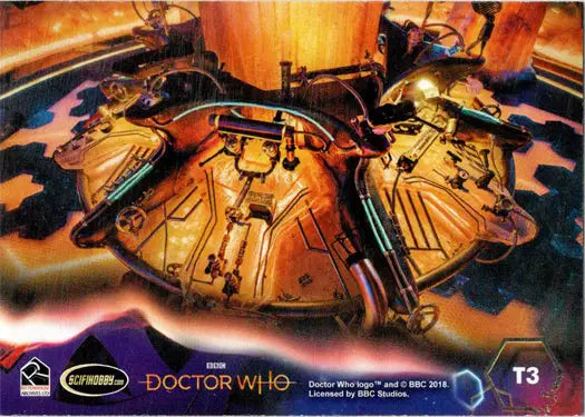Golden futuristic mechanical heart featured in 2022 Doctor Who Puzzle Insert Card
